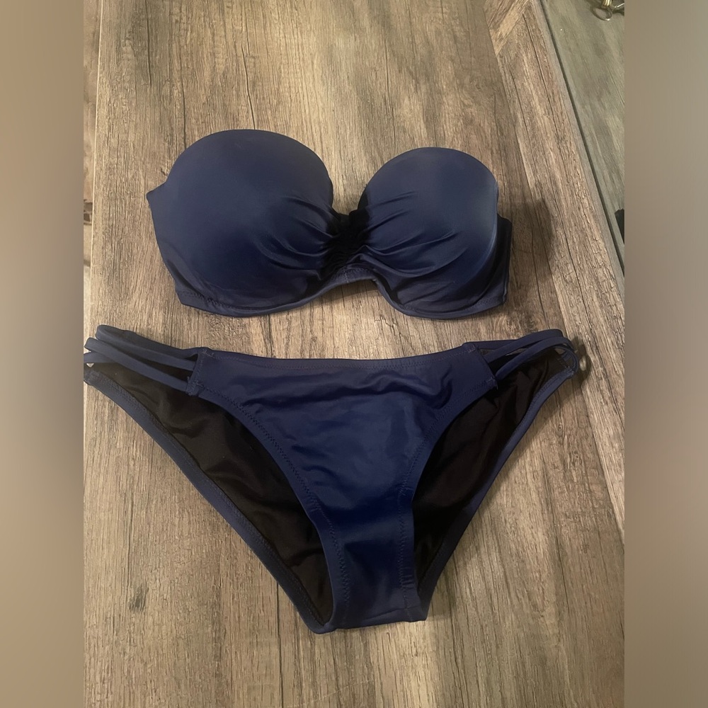 Victorias Secret Two Piece Bikini Navy Blue Large 36c Strapless Swimsuit Bathing